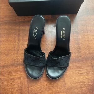 Gucci Black Heels / Sandals (Sandalo Suola Gomma Original GG/Cuoio Maidera)